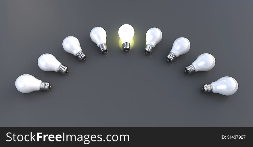 Light bulbs on the grey background with the middle one glowing (3d render)