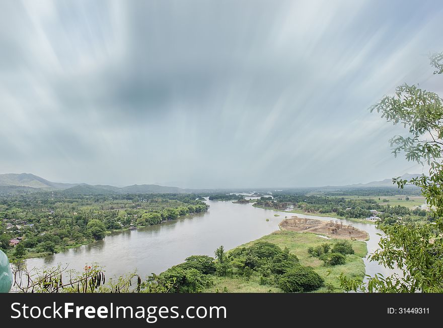 Landscape From Hill Beside River, Moving Cloud, Trees