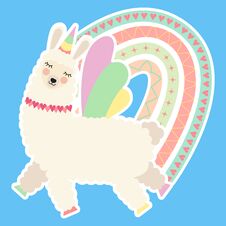 Sticker Cute Alpaca Unicorn With Boho Rainbow. Cartoon Dreaming Llama With Horn And Wings Flying In The Sky. Childish Design Eleme Stock Images