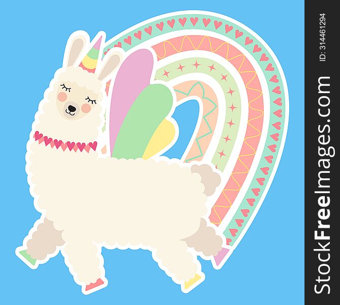 Sticker Cute Alpaca Unicorn With Boho Rainbow. Cartoon Dreaming Llama With Horn And Wings Flying In The Sky. Childish Design Eleme