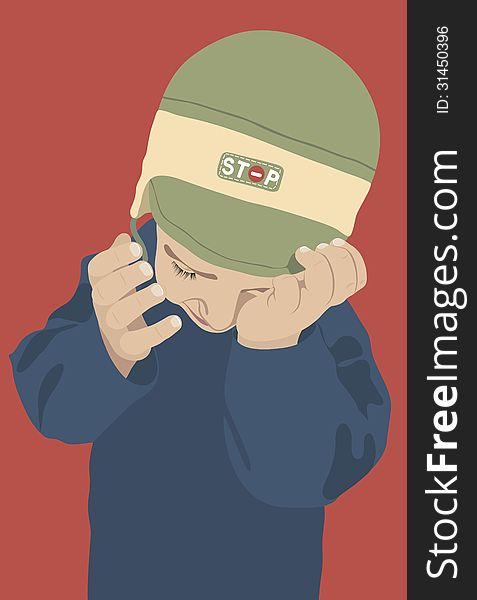 Illustration (vector EPS8 include) of a crying boy with green cap on a red background, easy for redact, separate layers