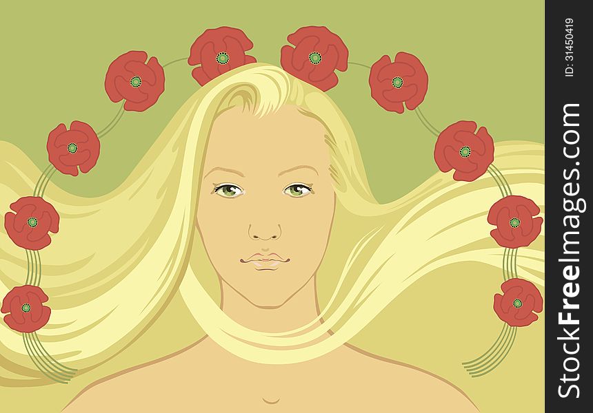 illustration (vector EPS8 version include) of blond girl with fly-away hair surrounded by copper-roses