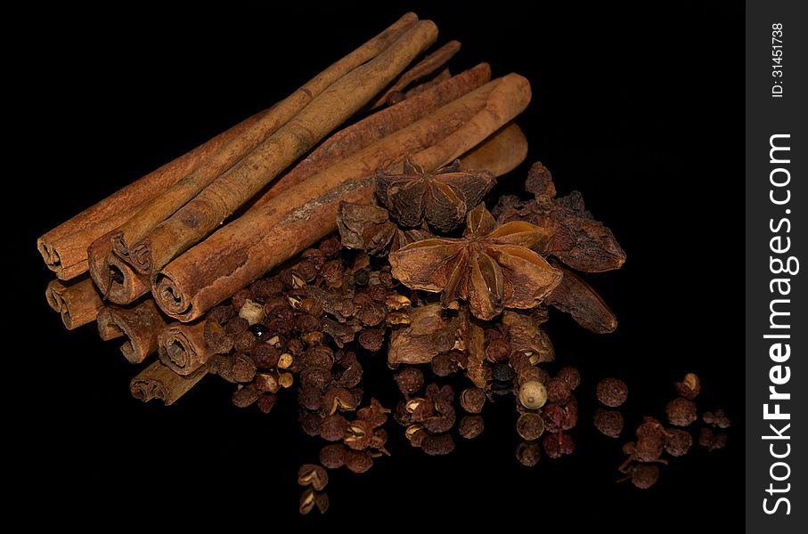 Herbs and spices - aniseed, cinnamon and pepper