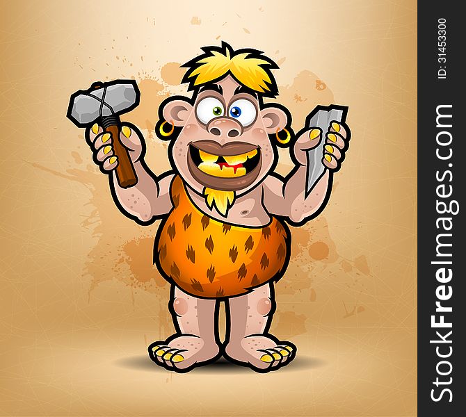 Illustration neanderthal holds stone and hammer, format EPS 10