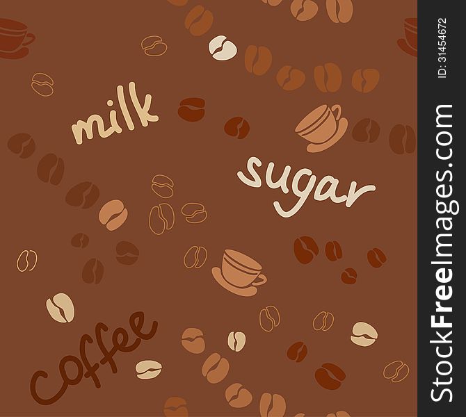 Seamless background with coffee grains and the words. Vector illustration
