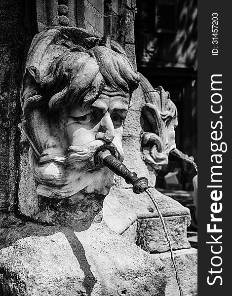 Black and white HDR of a fountain with a stone head carving and water coming out of its mouth. Black and white HDR of a fountain with a stone head carving and water coming out of its mouth.