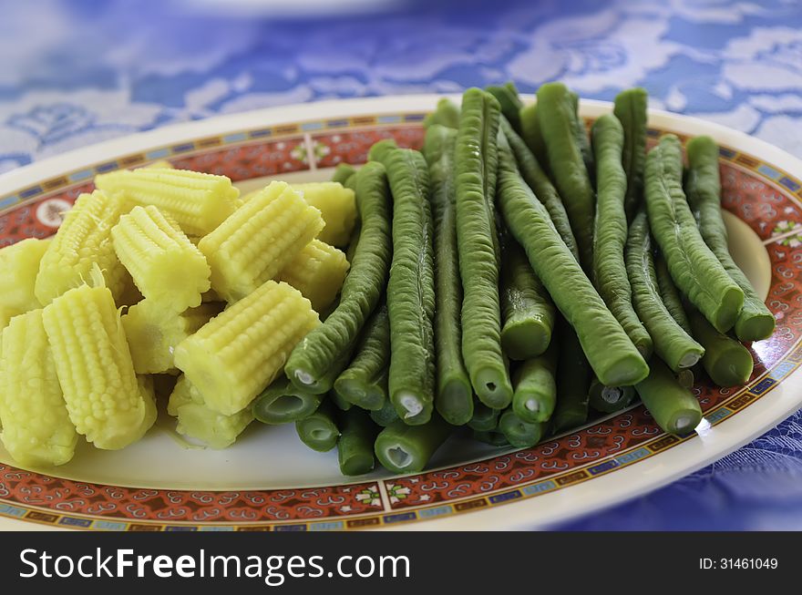 Long green bean on a plate in a restaurant