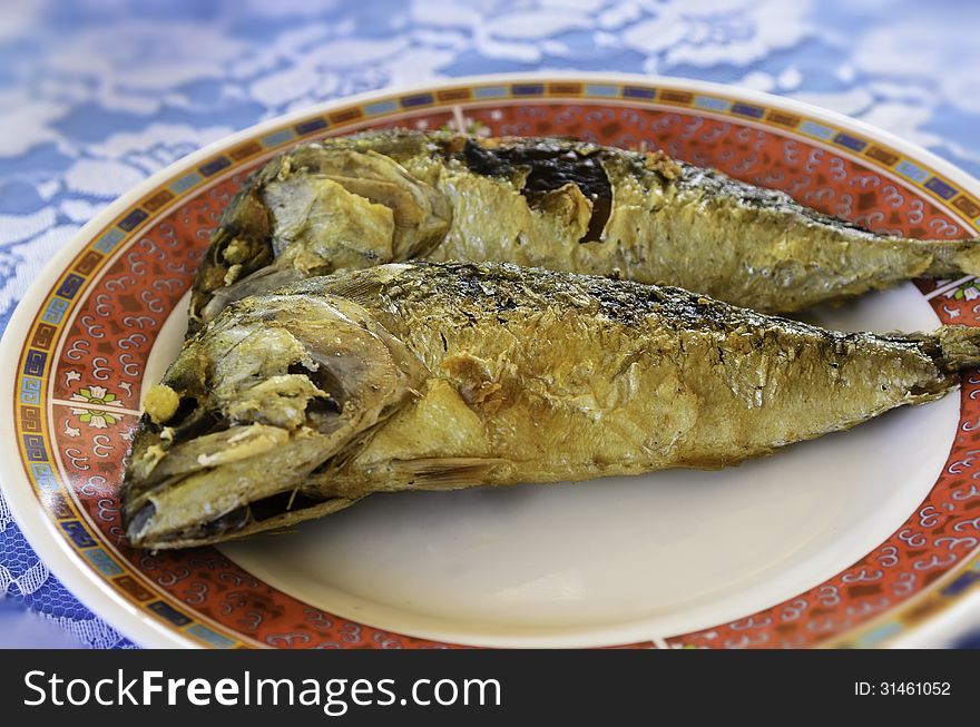 Mackerel on a plate in the restaurant