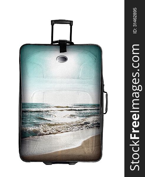 Dark suitcase with beach photo isolated over white