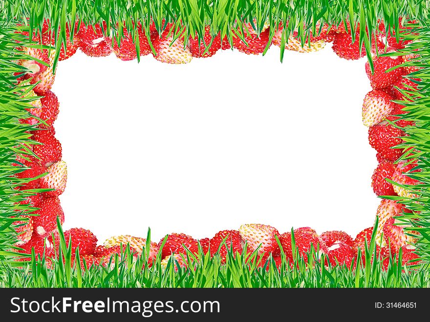 Frame of strawberries and grass on a white background.