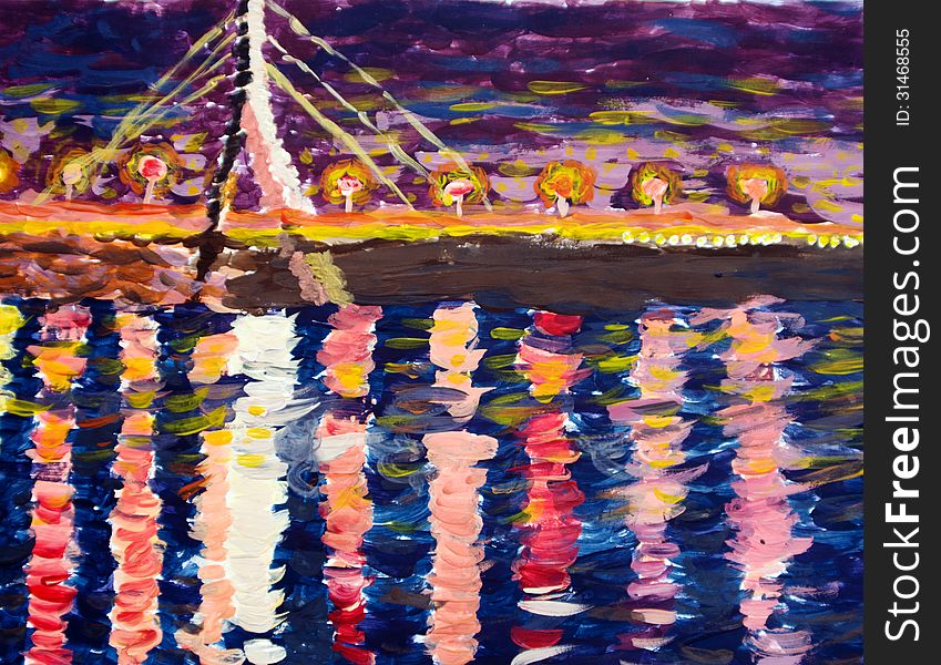 Kiev. Moscow bridge through Dnipro river. Drawing in impressionists manner. Kiev. Moscow bridge through Dnipro river. Drawing in impressionists manner