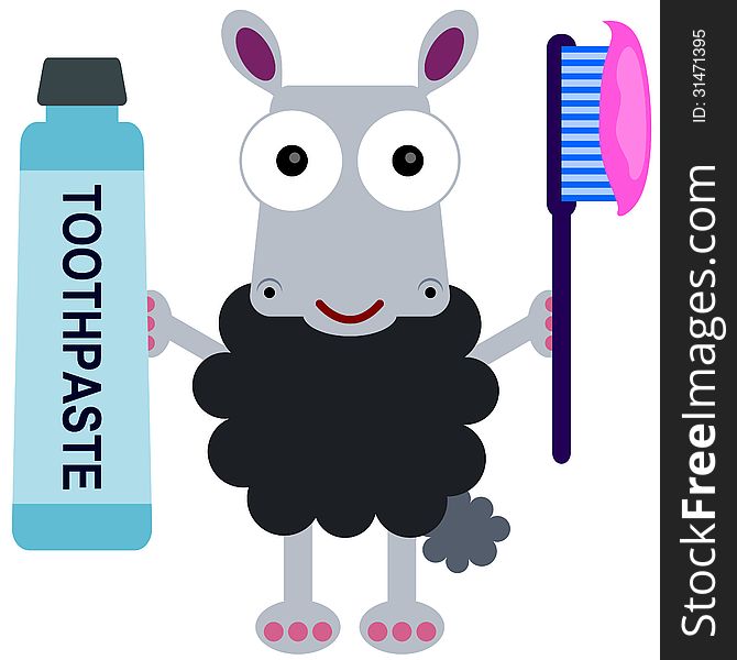 A cartoon sheep holding a giant toothbrush and toothpaste. A cartoon sheep holding a giant toothbrush and toothpaste