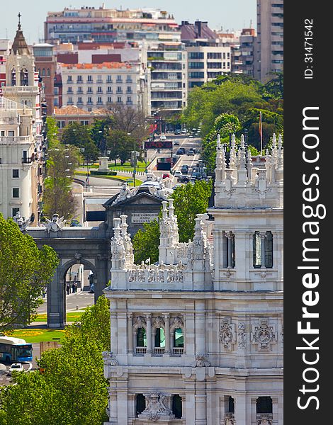 Aerial view of Madrid  / Famous Alcala Gate, builldings and stre