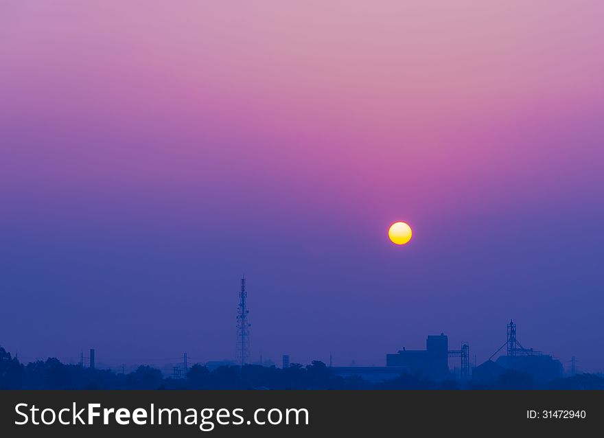 Sunrise at industrial landscape with twilight sky. Sunrise at industrial landscape with twilight sky