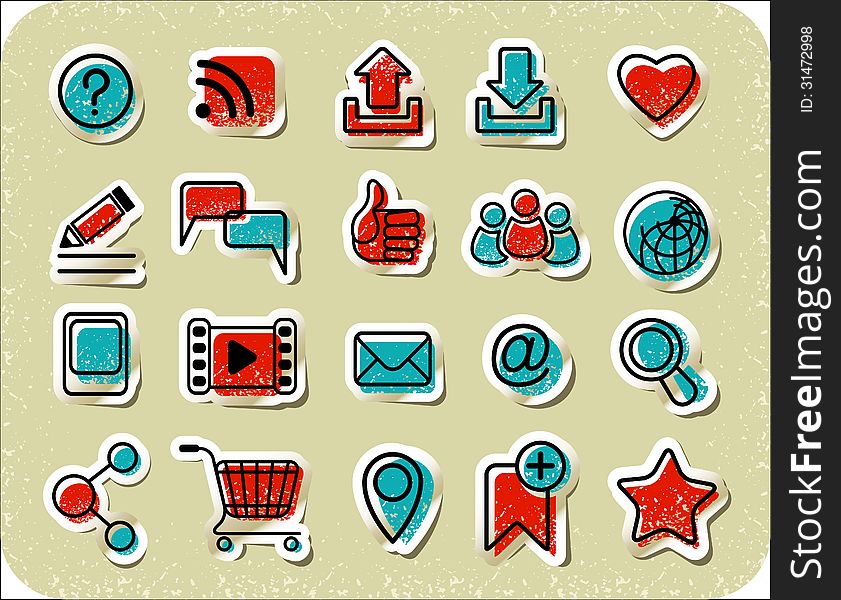 Set of 20 Internet communication stickers in retro and grunge style