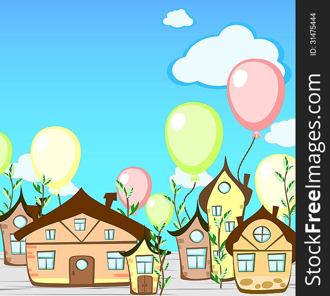 Cartoon greeting card with fairy-tale town and balloons. Cartoon greeting card with fairy-tale town and balloons