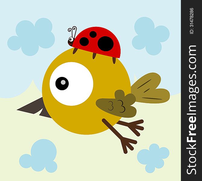 A flying bird with a ladybug riding on it's back. A flying bird with a ladybug riding on it's back