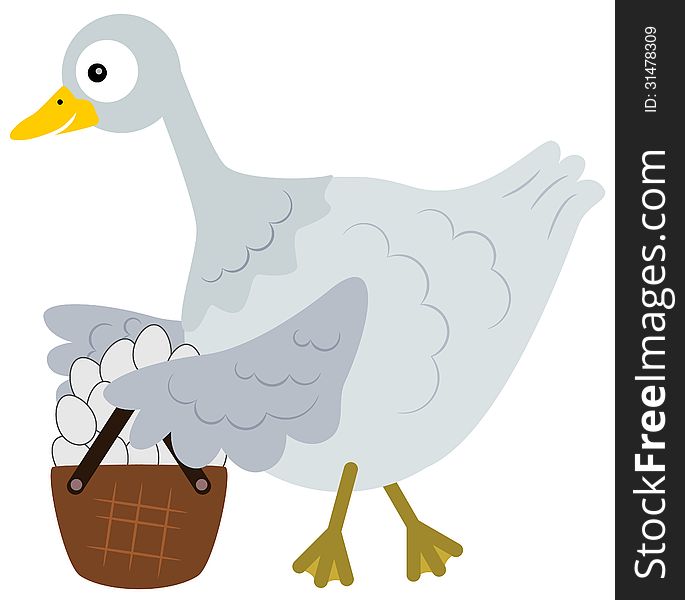 Illustration of a goose carrying a basket with eggs. Illustration of a goose carrying a basket with eggs