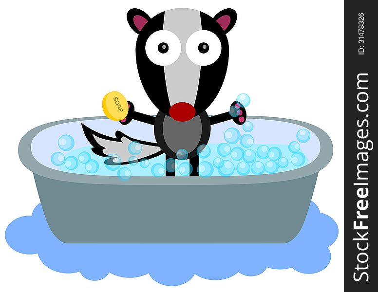 A humorous illustration of a skunk having a bath. A humorous illustration of a skunk having a bath