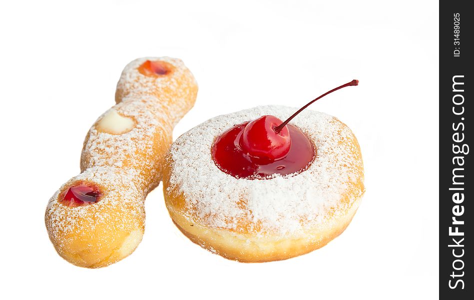 Bakery food, cherry fruit donut on white background