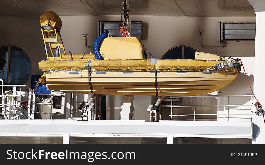 Emergency recue boat on cruise ship. Emergency recue boat on cruise ship