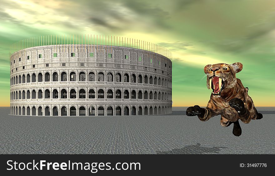 Computer generated 3D illustration with the Colosseum and Jumping Tiger. Computer generated 3D illustration with the Colosseum and Jumping Tiger