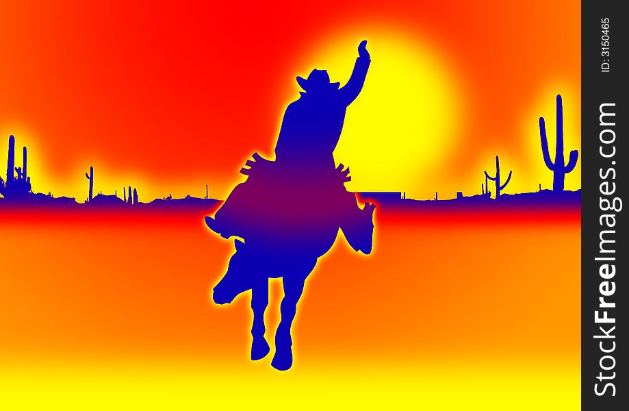 Cowboy on horseback leading out into the desert in orange sky. Cowboy on horseback leading out into the desert in orange sky.