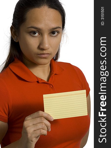 A young woman holding empty card over white background. A young woman holding empty card over white background
