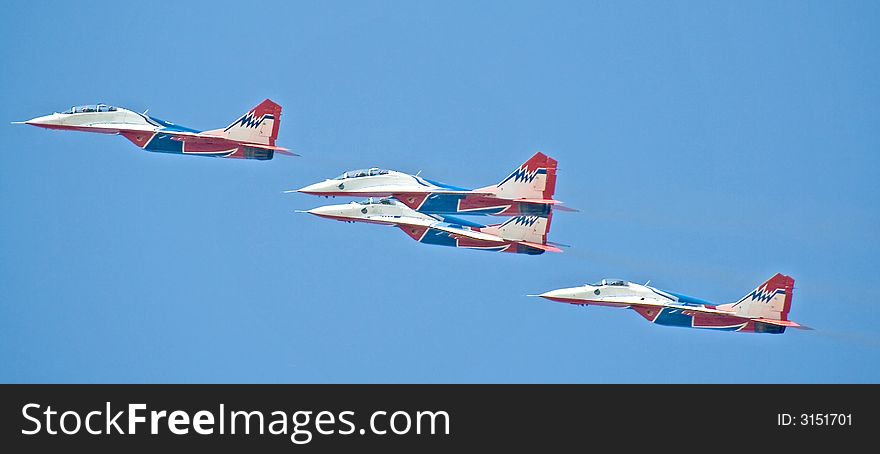 MIG-29 interceptors. Flying group Swifts. Fly-past at 95th anniversary of Russian Air Force. 11 August 2007. MIG-29 interceptors. Flying group Swifts. Fly-past at 95th anniversary of Russian Air Force. 11 August 2007