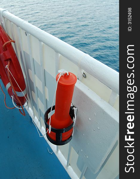 Lifebuoy light on a car ferry.
Picture taken on a clear sunny day.