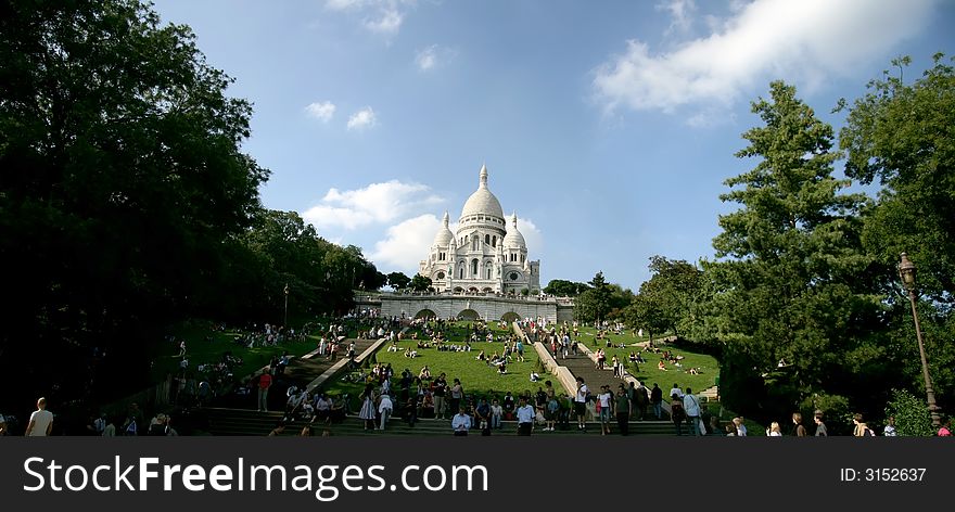 Panoramic view of Sacre Coeur in Paris, horizontal view, sunny day