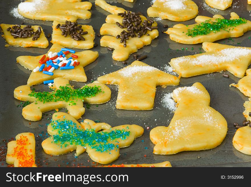 Colorful cookies on a tray before baking