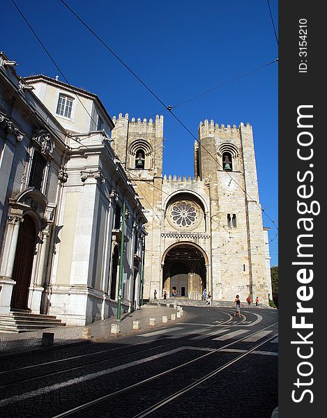 Low angle view of Se Cathedral in Lisbon, Portugal.