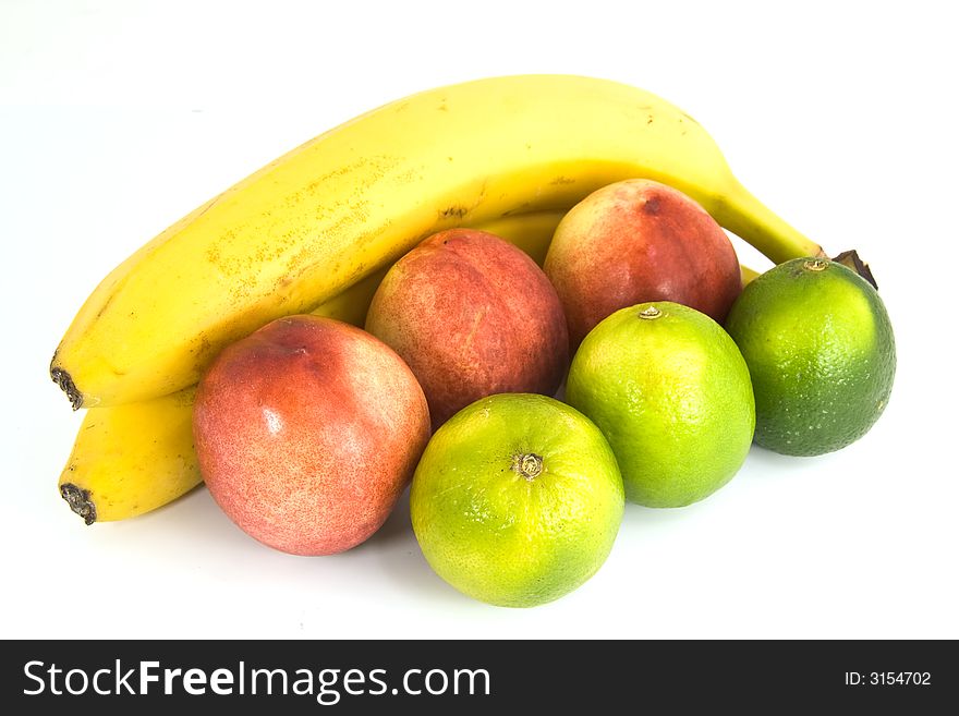 Regular Bananas, peaches, lemons all isolated over white background. Regular Bananas, peaches, lemons all isolated over white background