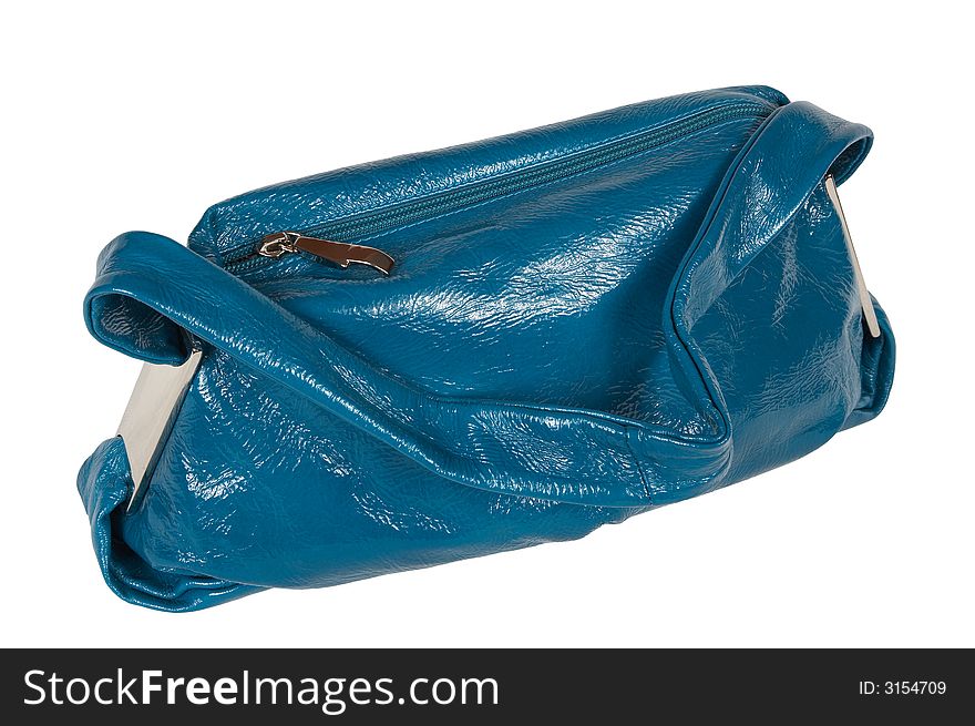 Leather dark blue female bag on a white background