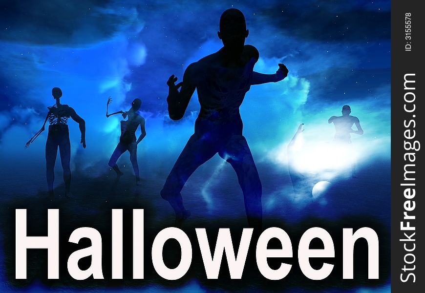 An image of some zombies with some nightime clouds behind them, with the word Halloween in the foreground. An image of some zombies with some nightime clouds behind them, with the word Halloween in the foreground.