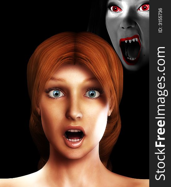 A conceptual  image of a women in a state of fear,shock or pain as their is a vamp behind her, it would make a good seasonal image for Halloween. A conceptual  image of a women in a state of fear,shock or pain as their is a vamp behind her, it would make a good seasonal image for Halloween.