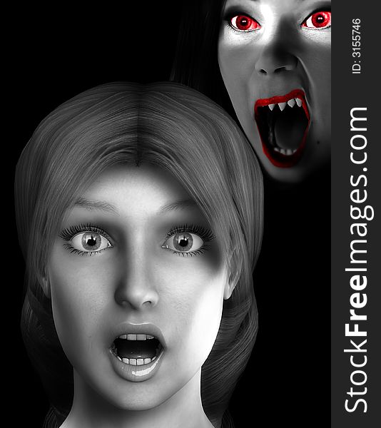 A conceptual  image of a women in a state of fear,shock or pain as their is a vamp behind her, it would make a good seasonal image for Halloween. A conceptual  image of a women in a state of fear,shock or pain as their is a vamp behind her, it would make a good seasonal image for Halloween.