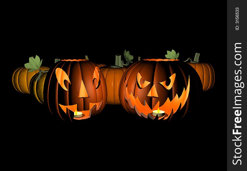 Computer-generated 3D graphic depicting Halloween Jack-O-Lanterns. Computer-generated 3D graphic depicting Halloween Jack-O-Lanterns