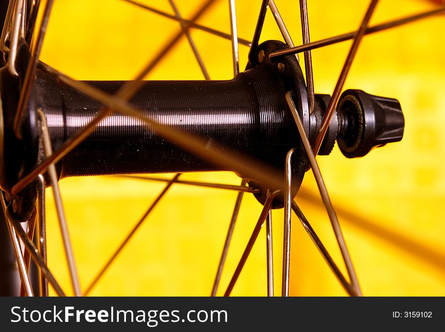 A front hub of bicycle wheel. A front hub of bicycle wheel.