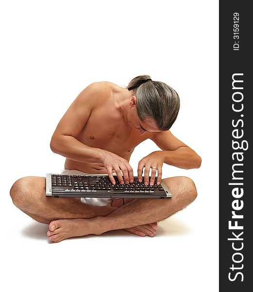 Man on white background with a keyboard