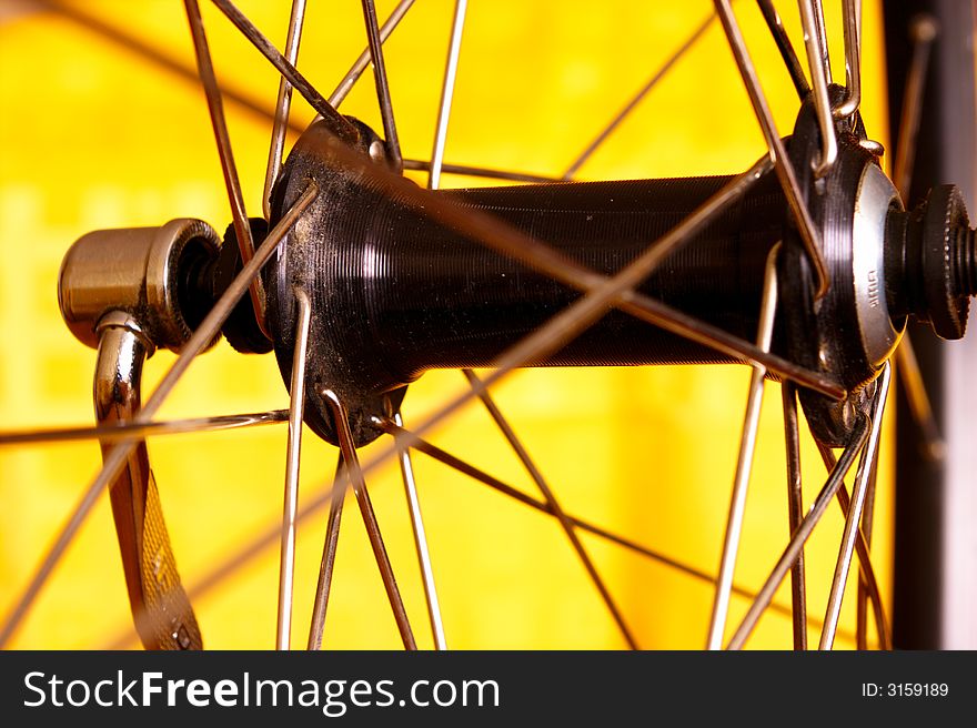 A front hub of bicycle wheel. A front hub of bicycle wheel.