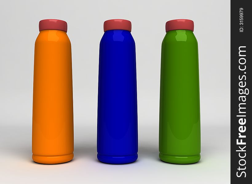 Orange, blue and green bottles. Orange, blue and green bottles