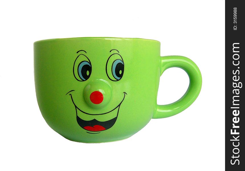 Green cup with smile on white background.