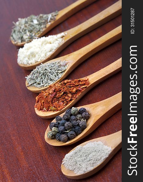 Spices in a wooden spoons on table