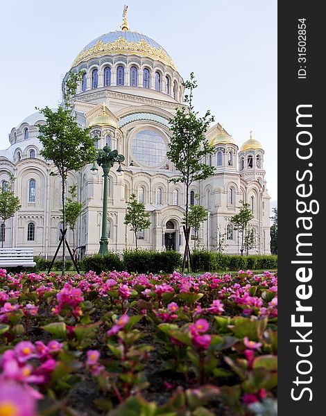 The naval Cathedral in Kronstadt Russia. View of the Cathedral square.