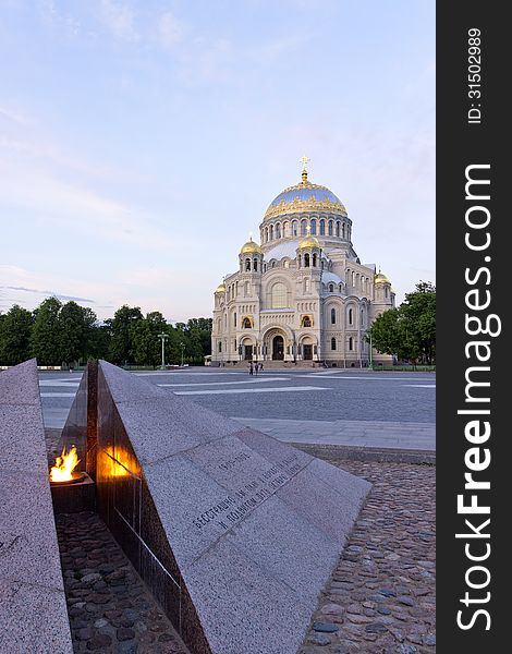 The naval Cathedral in Kronstadt Russia. View of the Cathedral square.