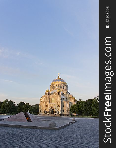 The naval Cathedral in Kronstadt Russia. View of the Cathedral square.