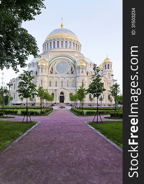 The naval Cathedral in Kronstadt Russia. View of the Cathedral square.