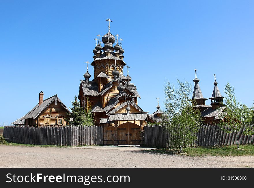 Skeet All Saints wooden church in Russian village. Skeet All Saints wooden church in Russian village